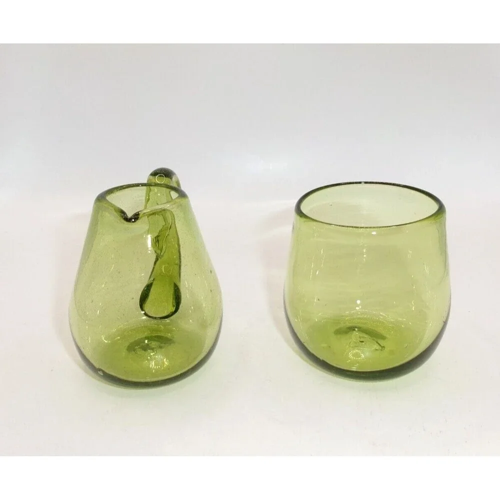 Vtg Green Glass Creamer & Open Sugar Jar Applied Handle Blown Glass Pontil 3 in
